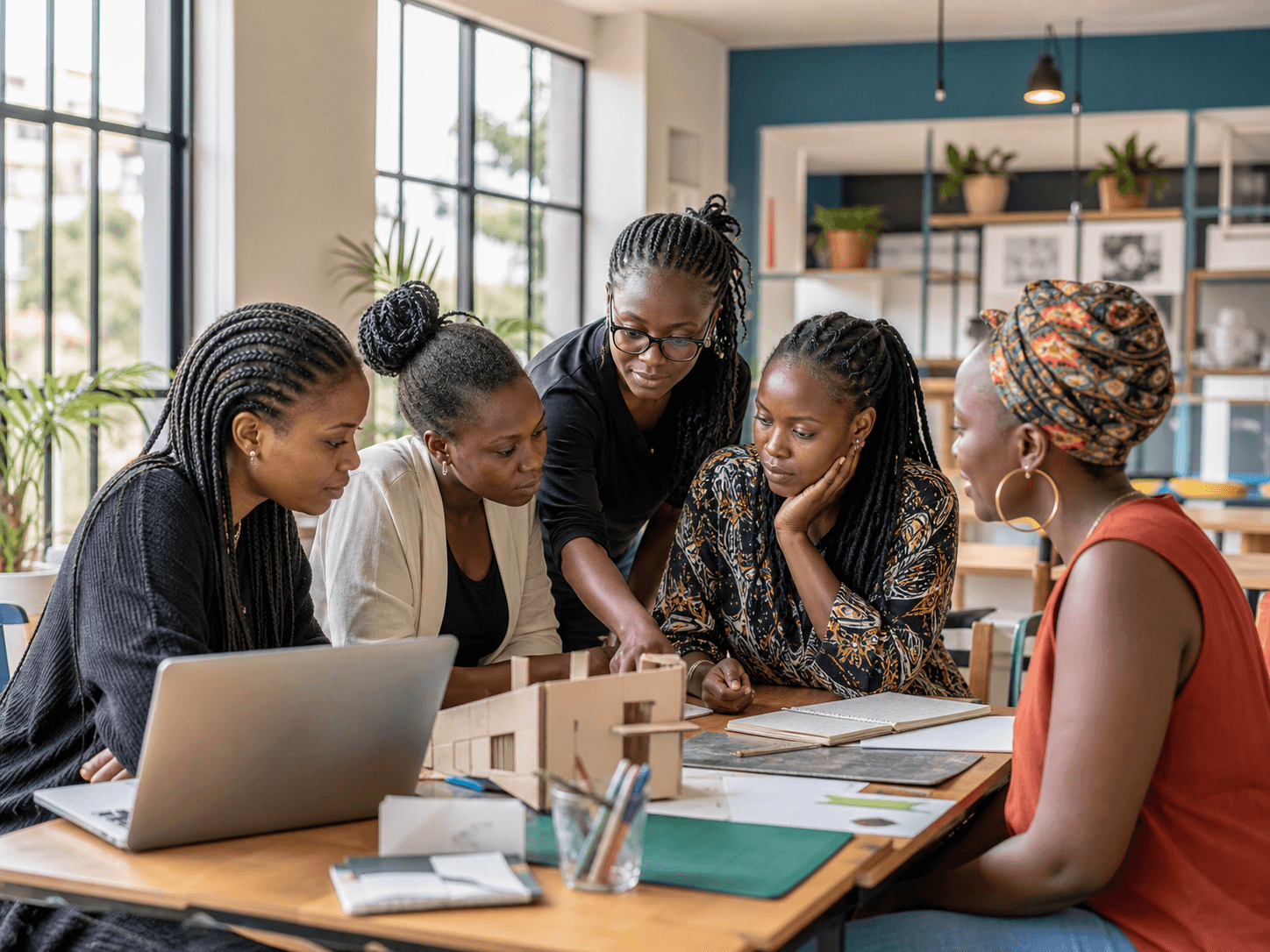 Young women collaborating in a community innovation studio