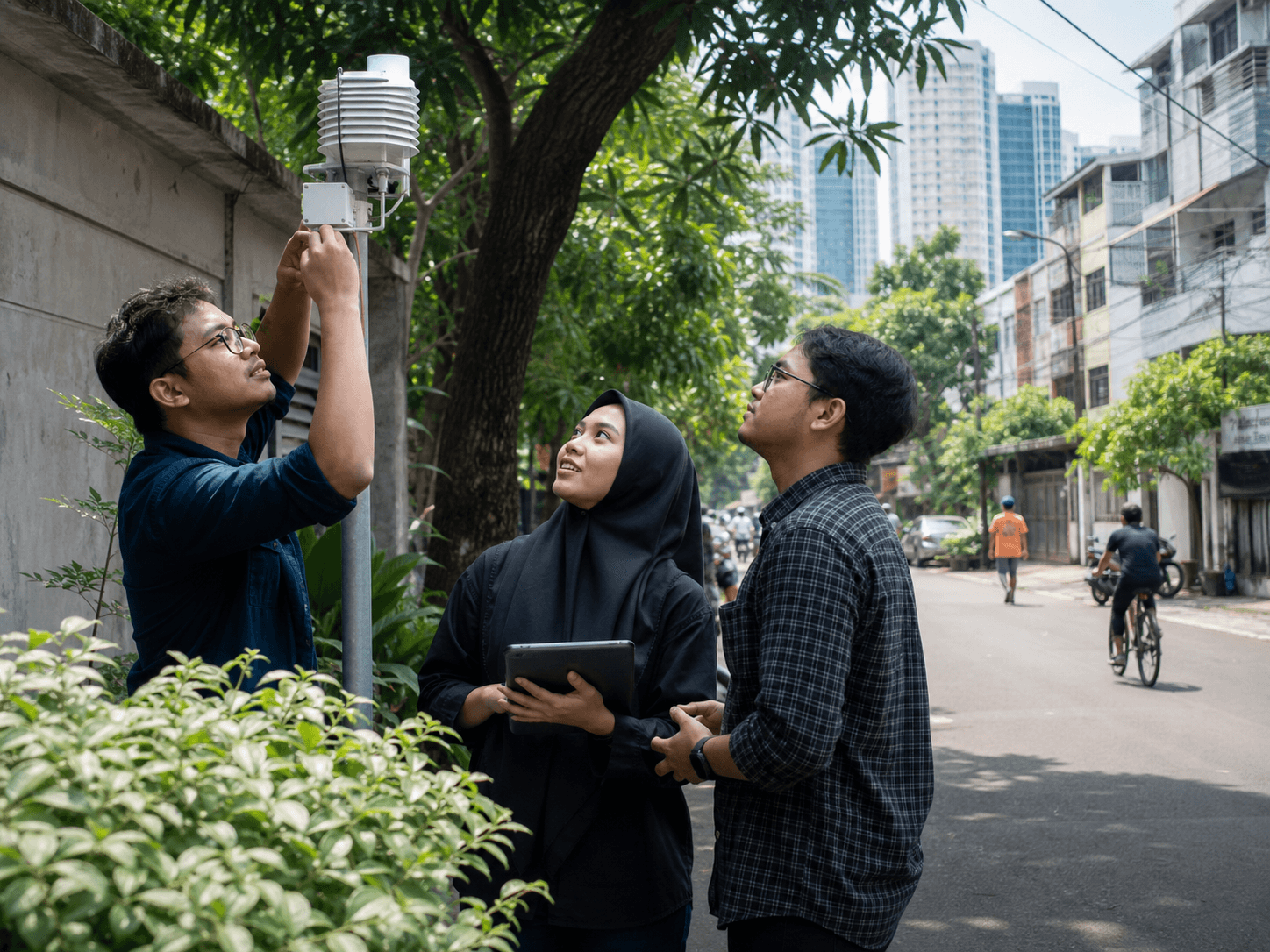 Young urban researchers installing an environmental sensor