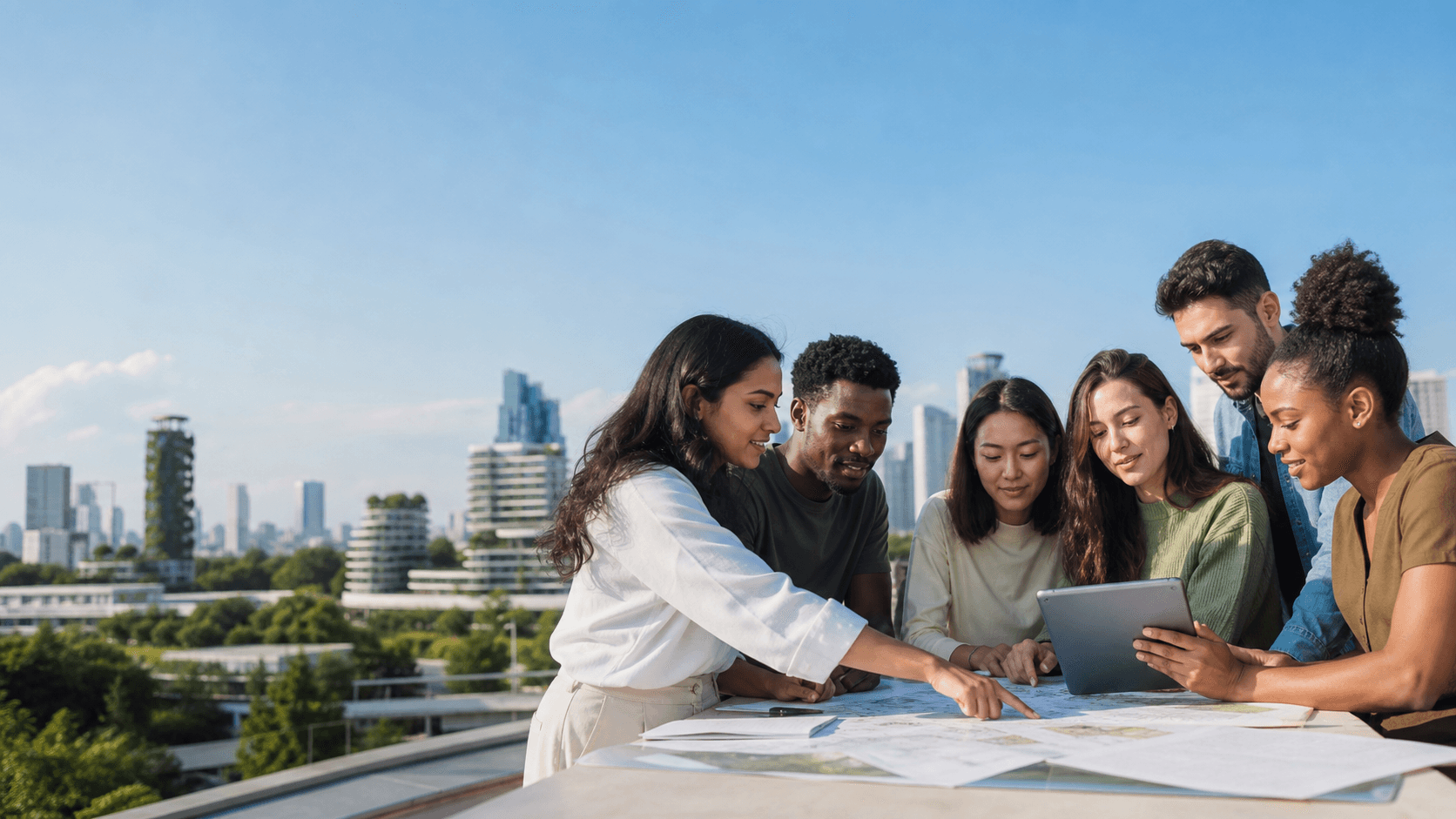 Young changemakers collaborating on plans for a sustainable city